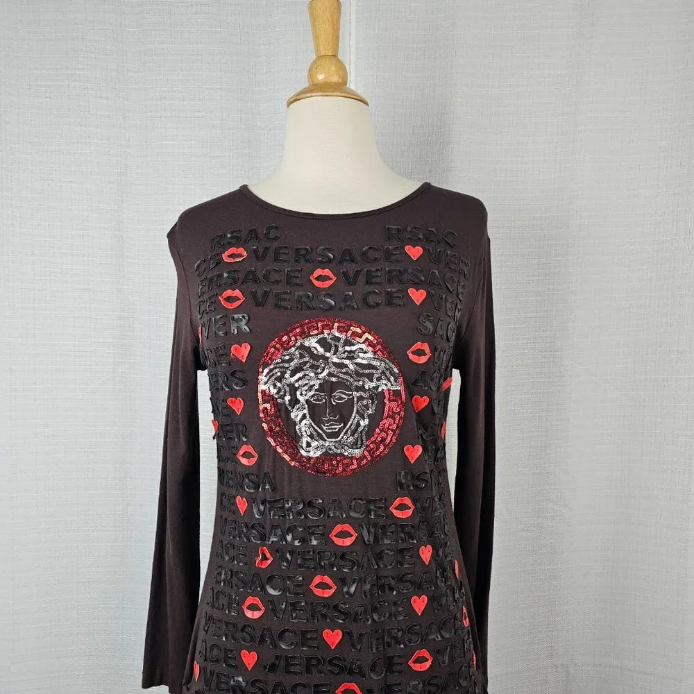 Versace Sequin Long Sleeve Ruched Side-Tie Top - Picture 3 of 10